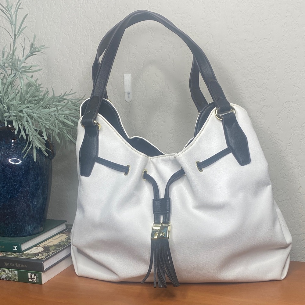 Liz Claiborne White and Black Tassel Drawstring Slouchy Hobo Tote Bag Vegan